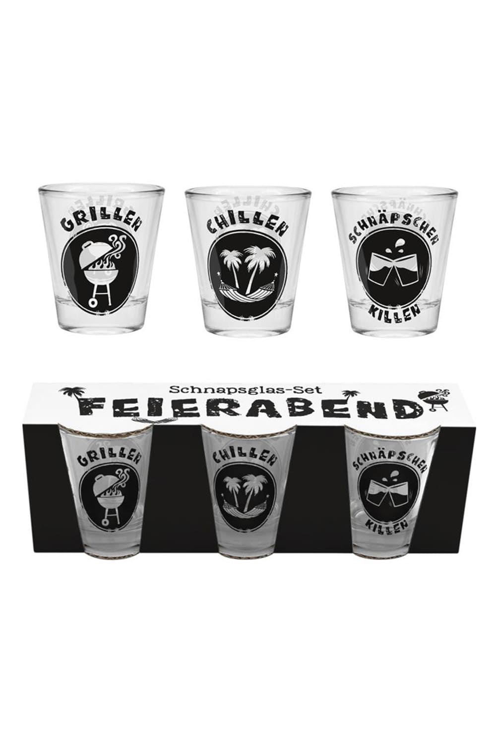 Das Feierabend Schnapsglas-Set ist ein witziges Geschenk! Das Set besteht aus 3 bedruckten Schnaps Glaeschen: ''Grillen, Chillen und Schnaepschen killen''.