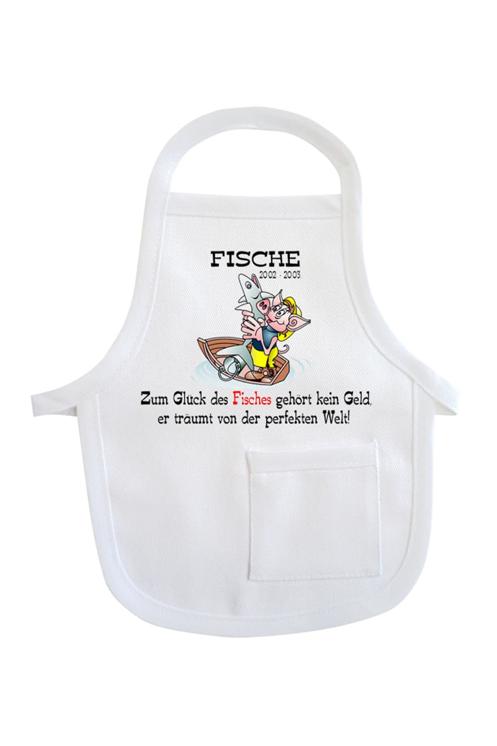 Einfach die Mini-Schuerze um eine Flasche, um ein Geschenk oder Stofftier haengen und fertig ist die originelle Geschenkverpackung. Die Sternzeichen Flaschenschuerze mit der Aufschrift: Fische 20.02-20.03. Zum Glueck des Fisches gehoert kein Geld, er traeumt von der perfekten Welt!