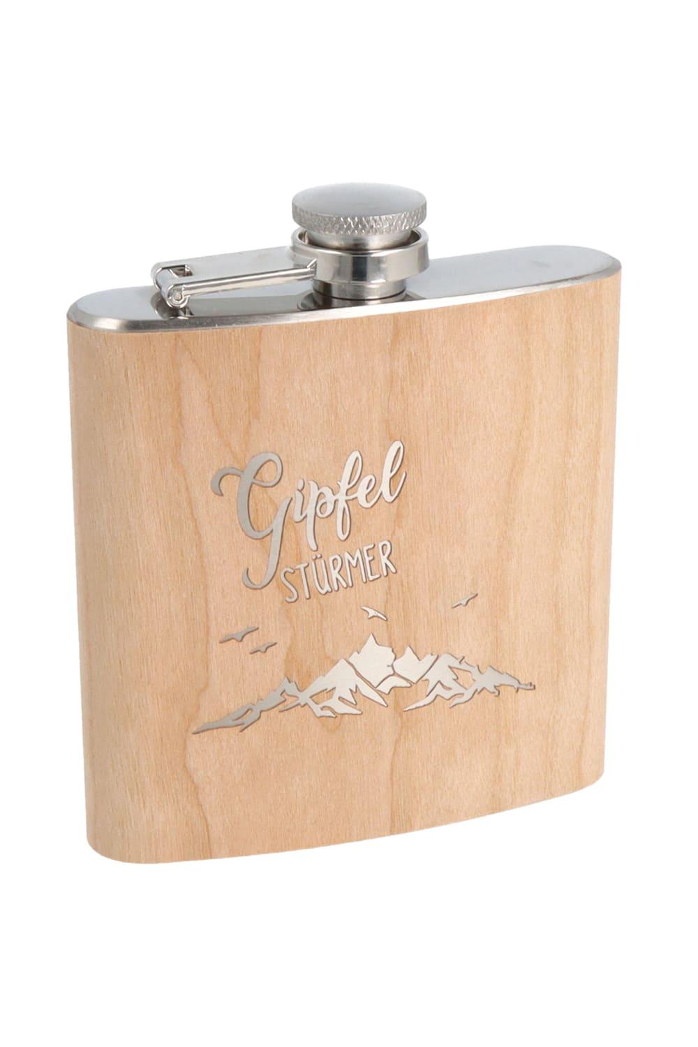 Dieses Wanderer-Geschenk ist ein optimales Geschenk fuer Gipfelstuermer. Der Flachmann in der Holz Optik sieht richtig edel aus. Auf dem Flachmann steht die Aufschrift: Gipfelstuermer. Ein witziges Geschenk zum Geburtstag, zu Weihnachten, fuer alle Wanderer und Outdoor Fans, die ab und zu auch mal gerne Alkohol trinken.