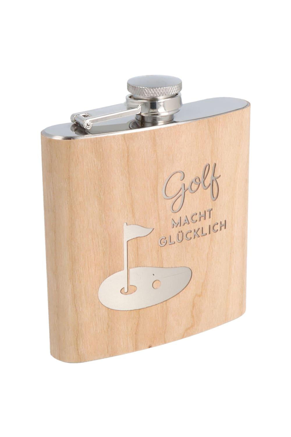 Ein optimales Geschenk fuer Golfer. Der Flachmann in der Holz Optik sieht richtig edel aus. Auf dem Flachmann steht die Aufschrift: Golf macht gluecklich. Ein witziges Golf-Geschenk zum Geburtstag, zu Weihnachten und fuer alle Golf Fans, die ab und zu auch mal gerne Alkohol trinken.
