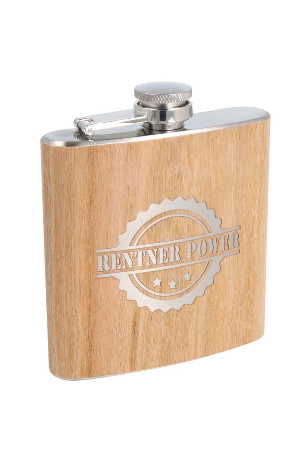 Dieses Schnaps-Geschenk ist ein optimales Geschenk zum Ruhestand. Der Flachmann in der Holz Optik sieht richtig edel aus. Auf dem Flachmann steht die Aufschrift: Rentnerpower. Der Flachmann mit Bambusmantel hat ein Fassungsvermoegen von ca. 170 ml. Ein perfektes Geschenk fuer Rentner und Rentnerinnen.