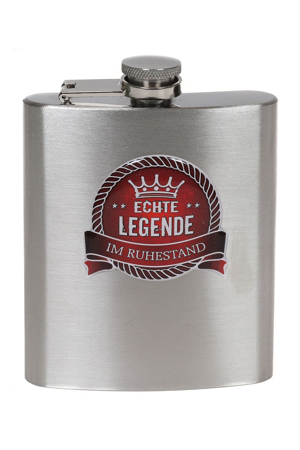 Der Flachmann mit dem Spruch: Echte Legende im Ruhestand! Mit 3D-Aufkleber und rostfreiem Edelstahl. Geschenk zur Pensionierung!