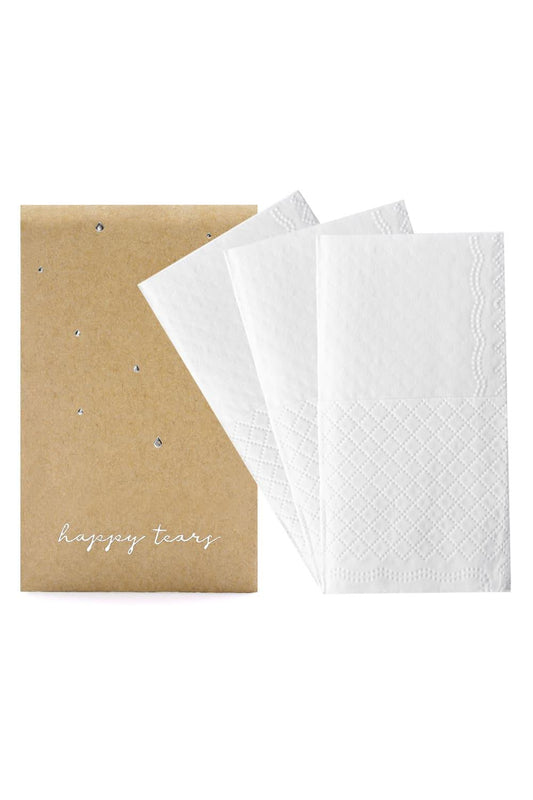 Taschentuechern! Auf jeder Tuete sind kleine silbrige Traenchen und die Aufschrift: Happy Tears.