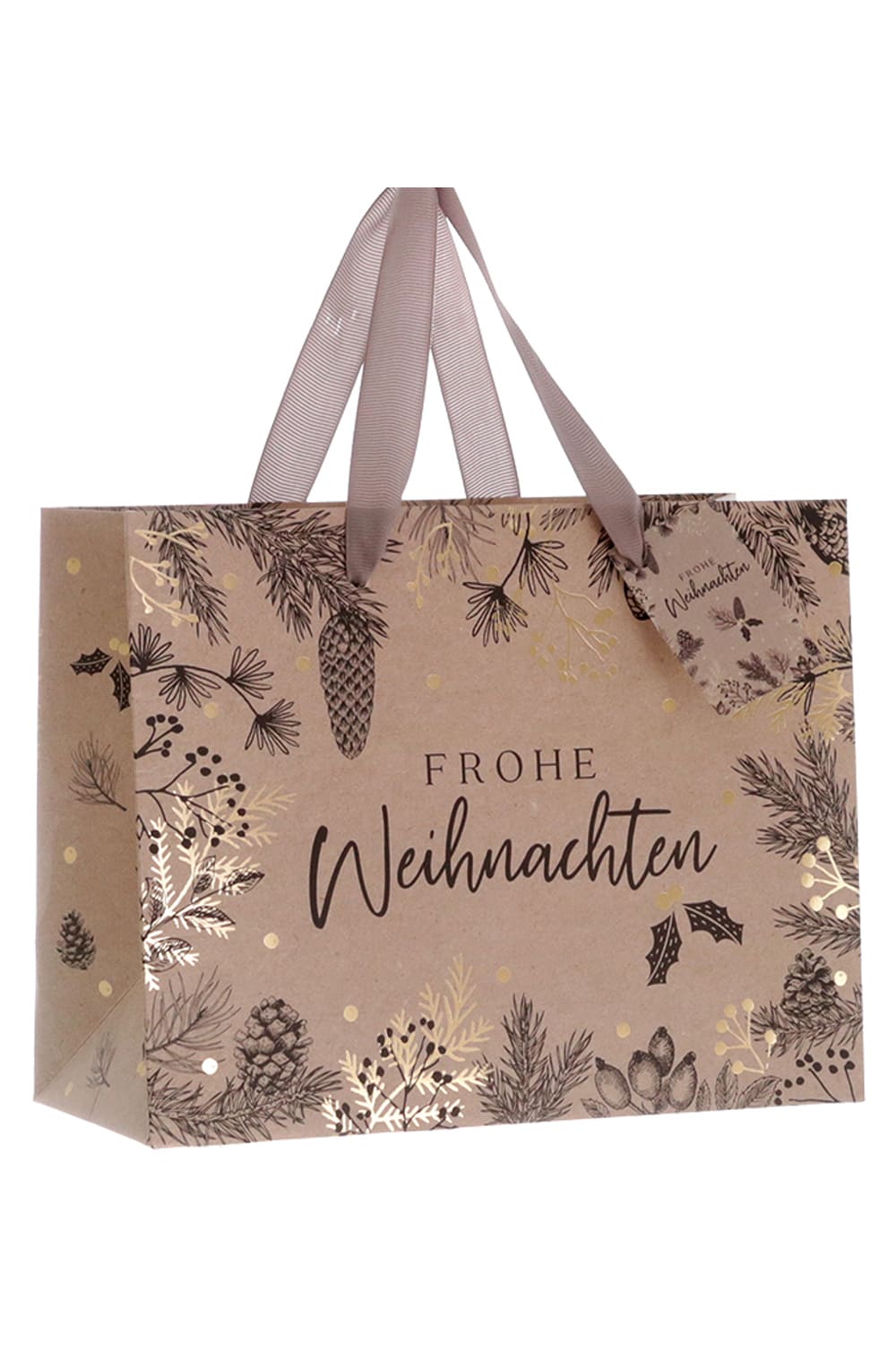 Hochwertige Geschenktasche mit der Aufschrift: Frohe Weihnachten und schoenem Tannzapfen Motiv. Eine schoene Geschenktuete (quer) fuer Weihnachten! Einfach eine originelle und weihnachtliche Geschenkverpackung!