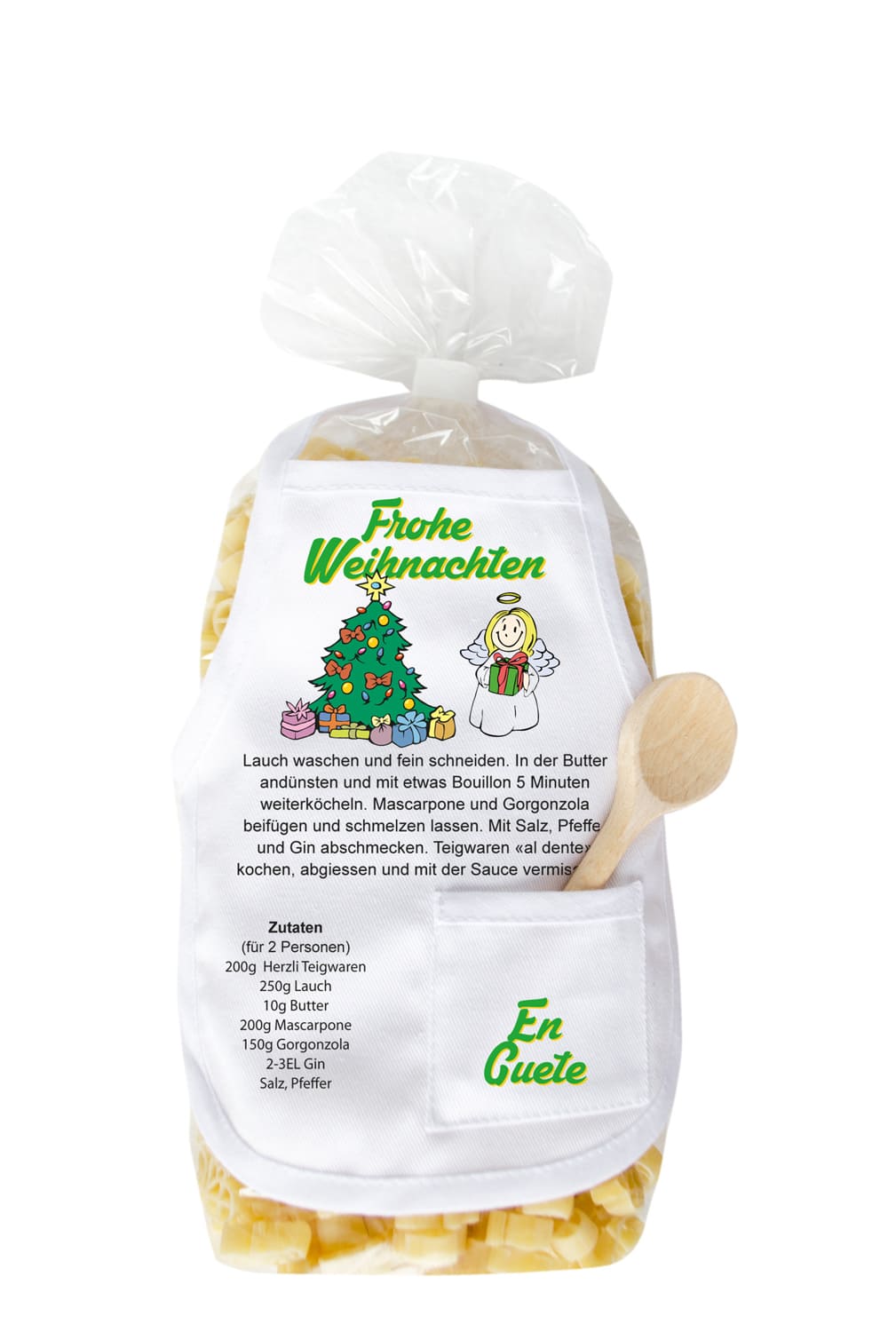 Die Pasta sind in Form kleiner Engel und in einer schoenen Verpackung mit einer Mini Kochschuerze. Ausserdem steht auf der laessigen Kochschuerze ein feines Rezept zum Nachkochen und der Spruch: Frohe Weihnachten und eine weihnachtliche Abbildung mit einem Tannebaum. Einfach ein grossartiges Weihnachtsgeschenk.