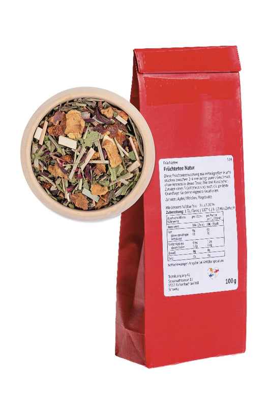 Fruechtetee im roten Papierbeutel als Teegeschenk