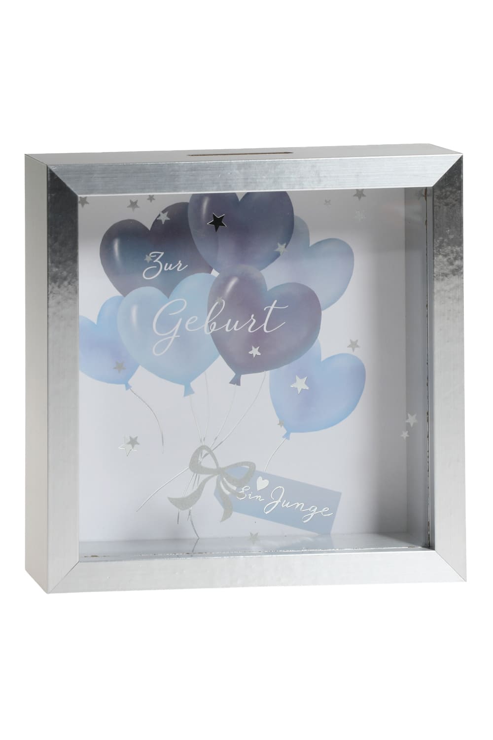 Das herzige Baby Sparkaesseli ist ein ideales Geschenk fuer ein Junge zur Geburt! Die Holz Spardose mit Herzballon-Bild und dem Spruch: Zur Geburt. Ein Junge.