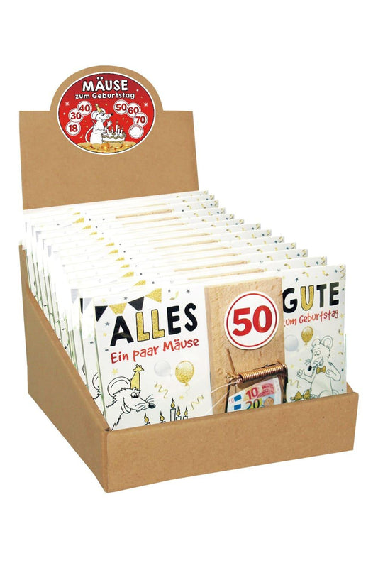 Die Mausefalle Geburtstagskarte praesentiert Ihr Geldgeschenk absolut originell. Noetli einfach in die Mausefalle klemmen. Die Zahl 18, 30, 40, 50, 60 und 70 ist auswaehlbar. Oder waehlen Sie die Zahl leer und schreiben Sie die Geburtstagszahl selbst hinein.