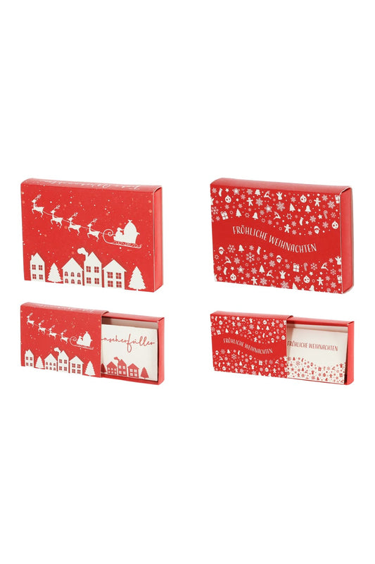 Wehnachtliche Boexli, perfekt um ein Geldgeschenk oder Gutscheingeschenk kreativ zu verpacken. Die Boexli in rot gibt es im 4er-Set mit vier diversen Motiven.