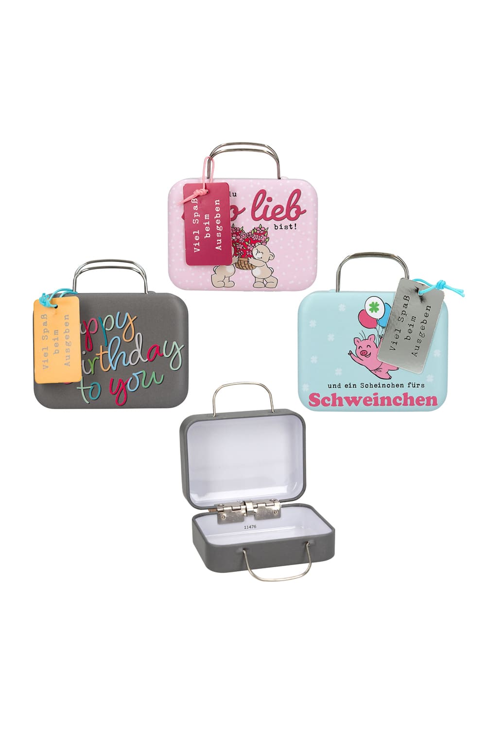 Dieser kleine Geldkoffer ist eine perfekte Geschenkidee um ein Geldgeschenk kreativ zu verpacken. Der kleine Koffer gibt es in 3 diversen Motiven: Happy Birthday to you / Schweinchen / Soo lieb bist.