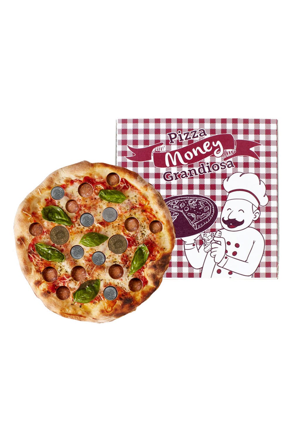 Diese echt aussehende Pizza aus Hartschaum ist ein absolut kreatives Geldgeschenk fuer alle Pizza Fans! Einfach Geldmuenzen in die vorhandenen runden Loecher legen oder Geldnoten mit den dazugehoerigen Klebepunkten bestuecken. Auf dem Pizzakarton steht die Aufschrift: Pizza Money Grandiosa. 