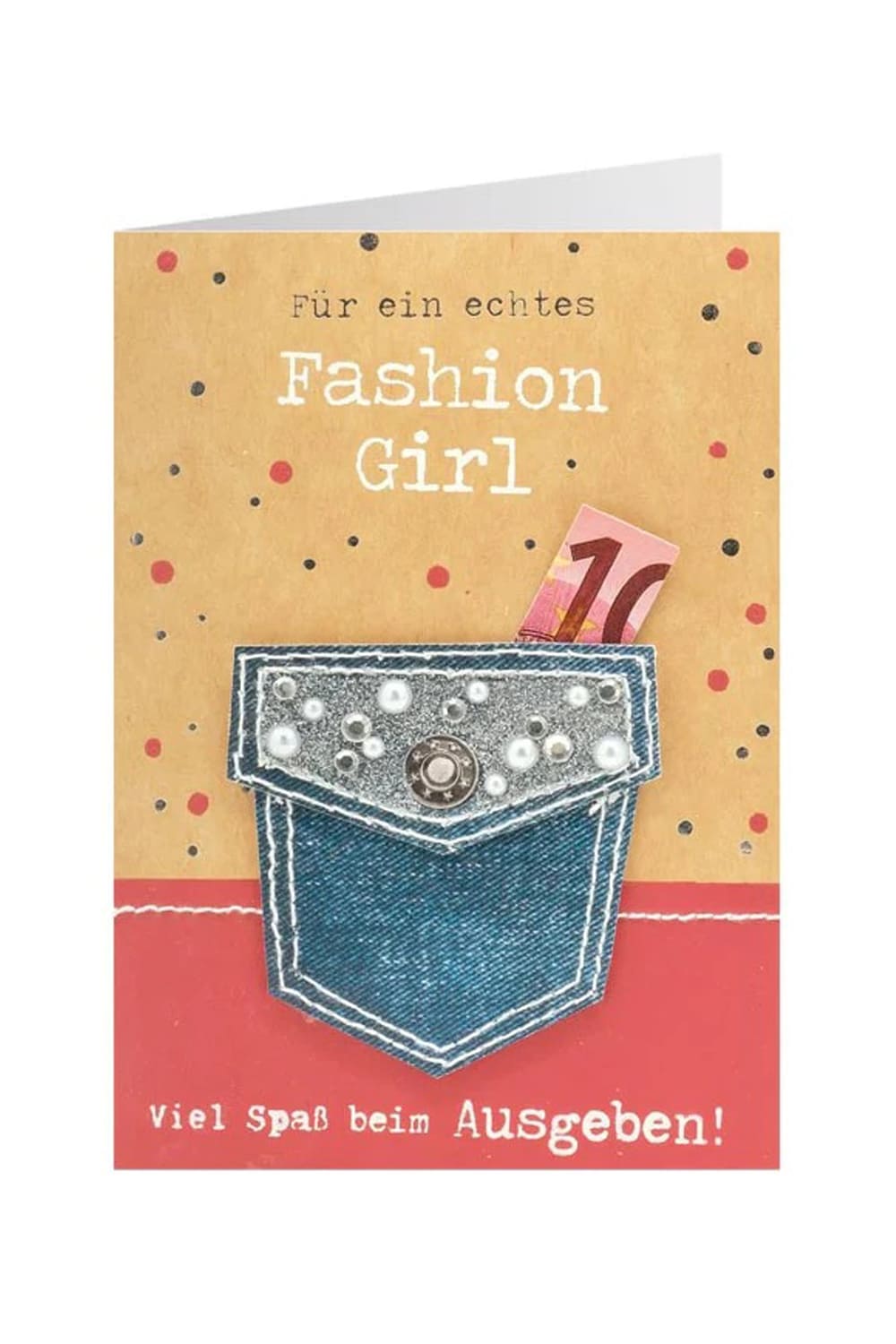 Die Karte ist ideal als Kombi aus Geldgeschenk und persoenlichen Nachricht! Die Geldkarte mit Tasche aus Jeans hat die Aufschrift: Fuer ein echtes Fashion Girl!