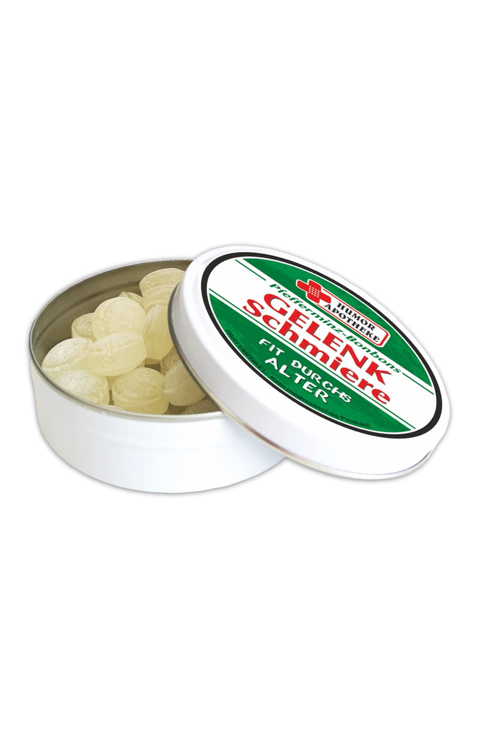 Pfefferminz Bonbons in der Dose mit dem Spruch: Gelenkschmiere. Fit durchs Alter. Die japanische Minz-Bonbons sind ein witziges Geschenk zur Pensionierung und fuer aeltere Menschen. Dose offen.