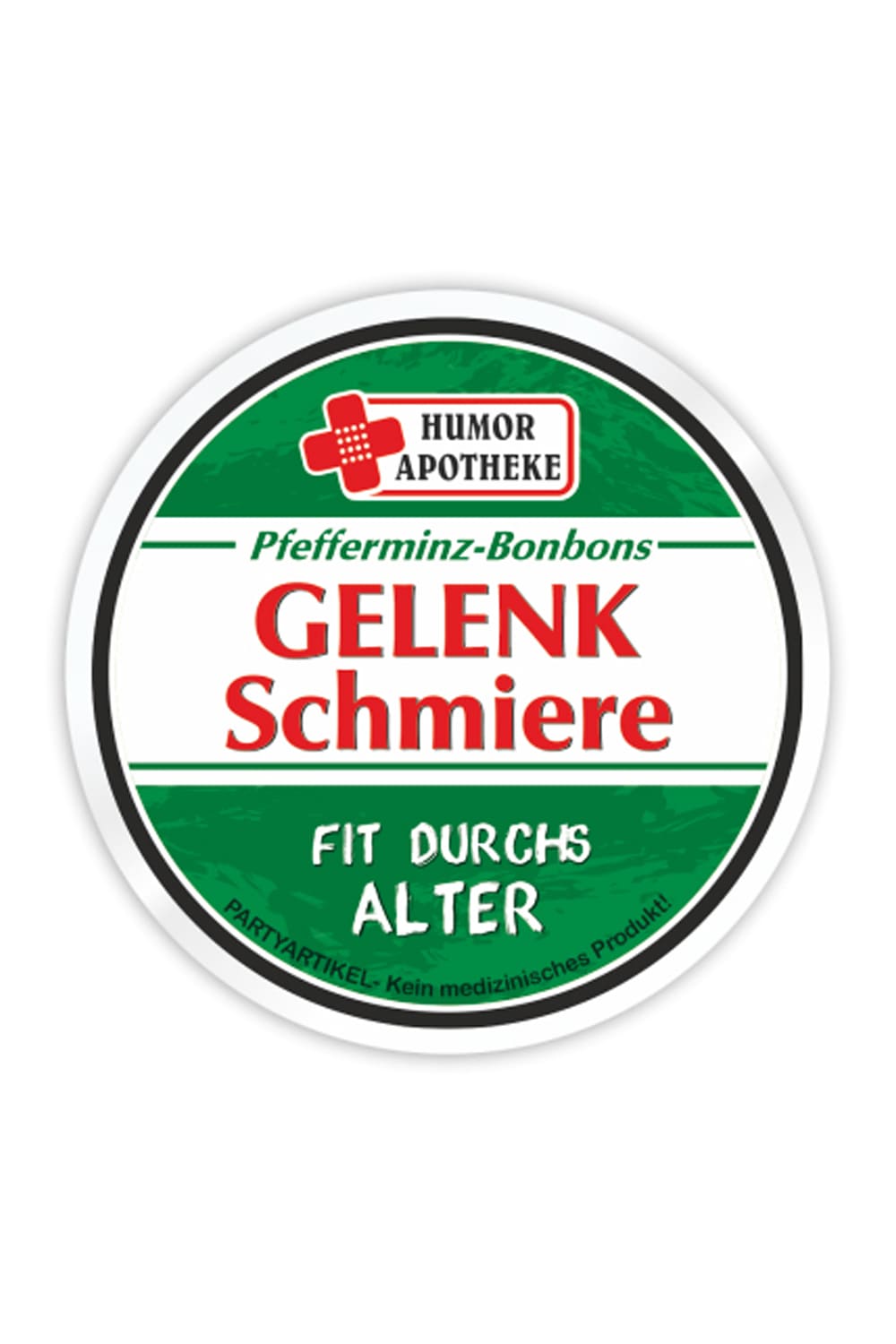 Pfefferminz Bonbons in der Dose mit dem Spruch: Gelenkschmiere. Fit durchs Alter. Die japanische Minz-Bonbons sind ein witziges Geschenk zur Pensionierung und fuer aeltere Menschen.