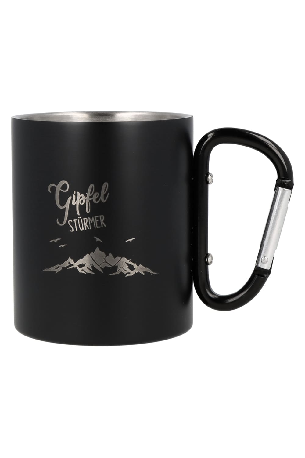 Die Gipfelstuermer Karabiner Tasse ist ein perfektes Geschenk fuer Wanderer. Becher aus Edelstahl mit Berg Motiv und der Aufschrift: Gipfelstuermer.
