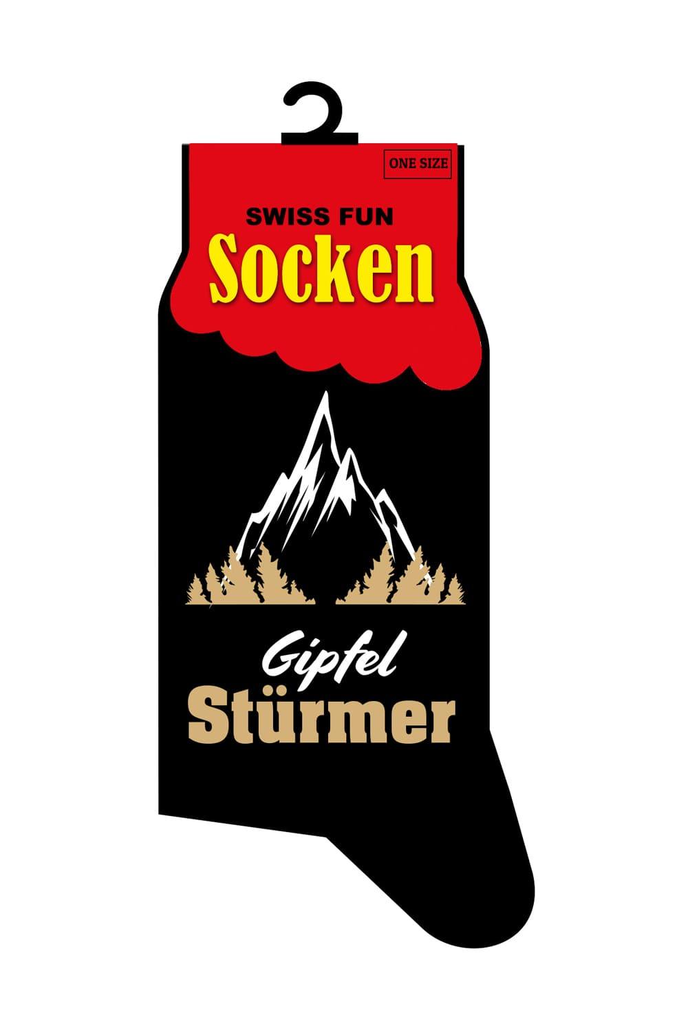 Diese Socken sind ein witziges Geschenk. Die Spasssocken mit der Aufschrift: Gipfelstuermer. Zusaetzlich ist auf den Socken ein Berg abgebildet.