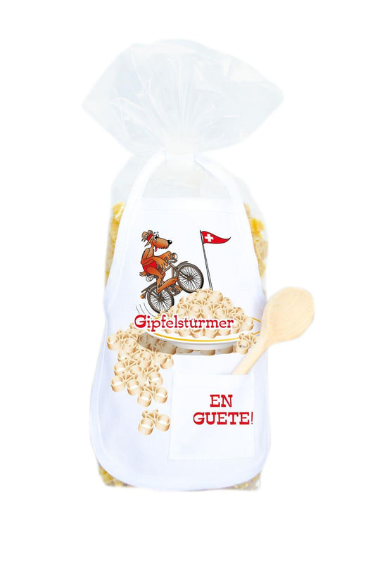 Die Pasta sind in einer Velo Form und in einer schoenen Verpackung mit Mini Kochschuerze. Auf der Schuerze steht die Aufschrift: Gipfelstuermer. Zusaetzlich befindet sich in der kleinen Tasche, ein kleiner Kochloeffel aus Holz. Originelles Nudelgeschenk!