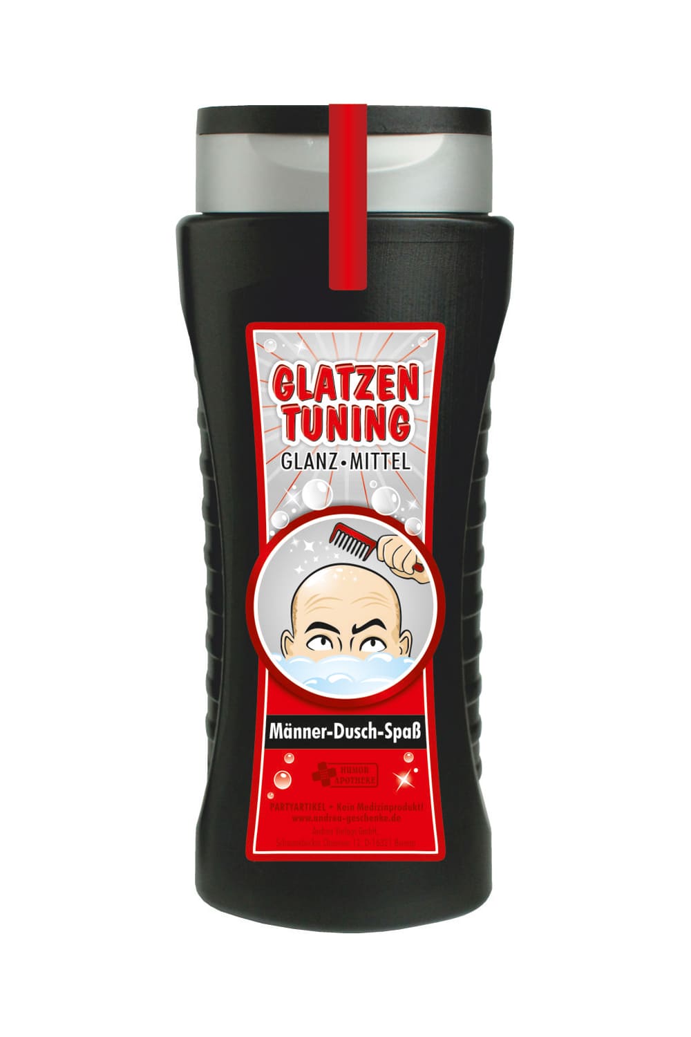 Maenner Duschgel mit lustigem Bild und dem Spruch: Glatzentuning! Witziges Duschmittel als Geschenk fuer jeden Anlass! Jetzt bei Geschenk Insel.
