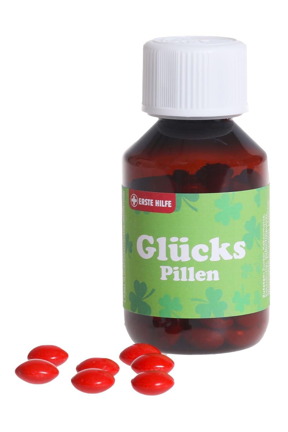 Die Gluecks Schokopillen sind der Renner. Die Erste Hilfe Pillen aus Schokolade sind ein witziges Geschenk zum Geburtstag, zur Pensionierung, zu einer bevorstehende Pruefung etc. Die Schokopillen sind verpackt in einer kleinen Plastikflasche. Humor Apotheke (kein Medizinprodukt!