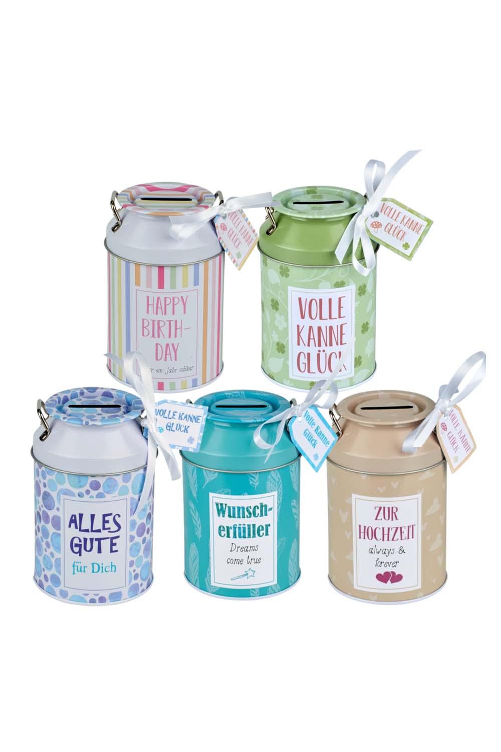 Glueckskaennchen Spardose perfekt fuer ein Geldgeschenk. Das Sparkaesseli ist in 5 diversen Motiven erhaeltlich. Die Mini Kanne bei Geschenk Insel bequem bestellen.