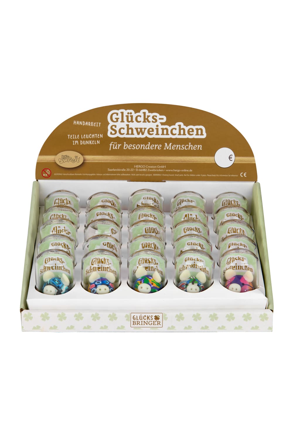 Dieses herzige Glücksschwein ist im Glas. Die Glueckssaeuli sind sortiert in verschiedenen Farben (nicht auswaehlbar). Somit ist jedes Saeuli einzigartig und individuell. Perfektes Gluecksbringer Geschenk zum Geburtstag, zur Pensionierung, Silvester usw. Display.