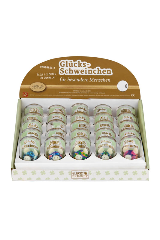 Dieses herzige Glücksschwein ist im Glas. Die Glueckssaeuli sind sortiert in verschiedenen Farben (nicht auswaehlbar). Somit ist jedes Saeuli einzigartig und individuell. Perfektes Gluecksbringer Geschenk zum Geburtstag, zur Pensionierung, Silvester usw. Display.