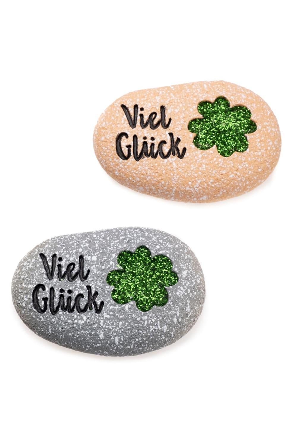 Diese Glueckssteine sind perfekt zum Geburtstag, zur Pensionierung, zur Pruefung etc. Die Kleeblatt Steine sind mit der Aufschrift: Viel Glueck! Im 2er-Set erhaeltlich (grau & beige).