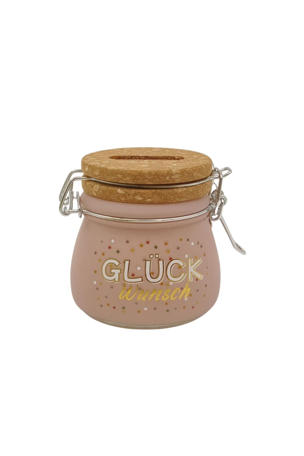 Diese kleine Spardose ist aus Glas und Kork sowie mit Vorhaengeschloss und Schluessel. Auf dem Mini Sparglas steht die Aufschrift: Glueckwunsch!
