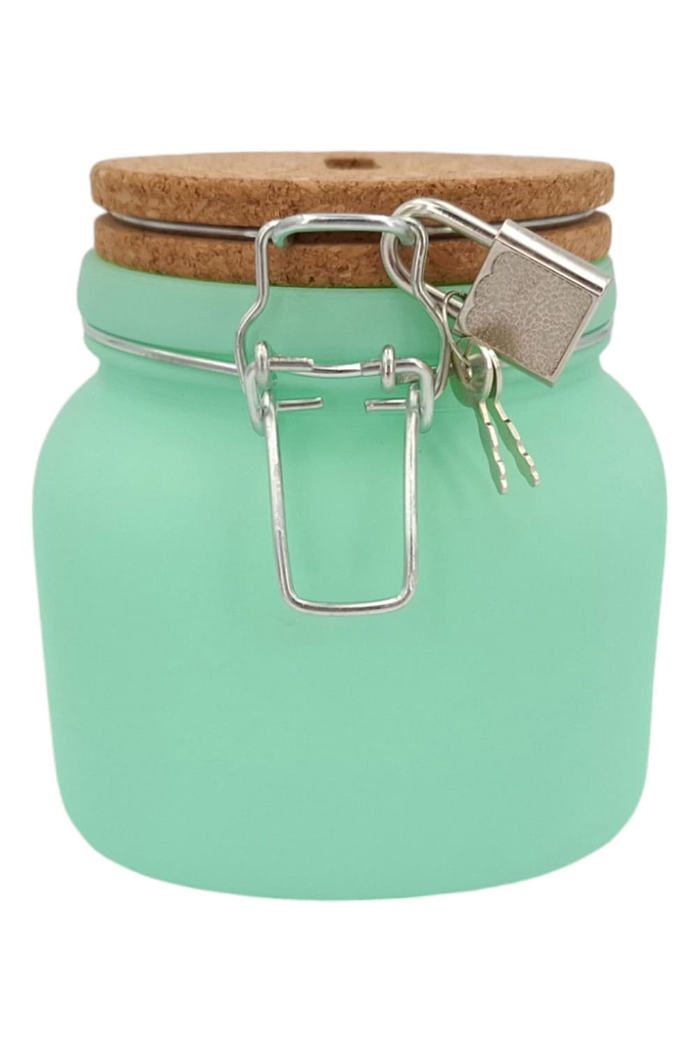 Diese Spardose ist aus Glas und Kork sowie mit Vorhaengeschloss und Schluessel. Rueckseite