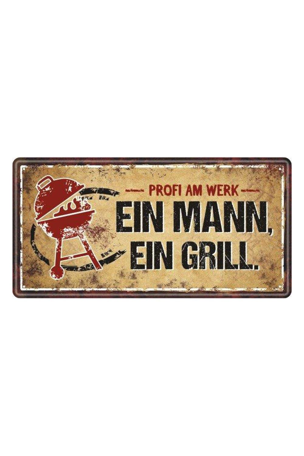 Dieses Metallschild ist ein originelles Geschenk fuer den Mann am Grill. Auf dem Blechschild steht der Spruch: Profi am Werk. Ein Mann, ein Grill. Zusaetzlich ist ein Grill-Motiv aufgedruckt. Ein originelles Grillgeschenk fuer Maenner! Das Schild kann befestigt werden uns ist somit ein richtiger Hingucker.