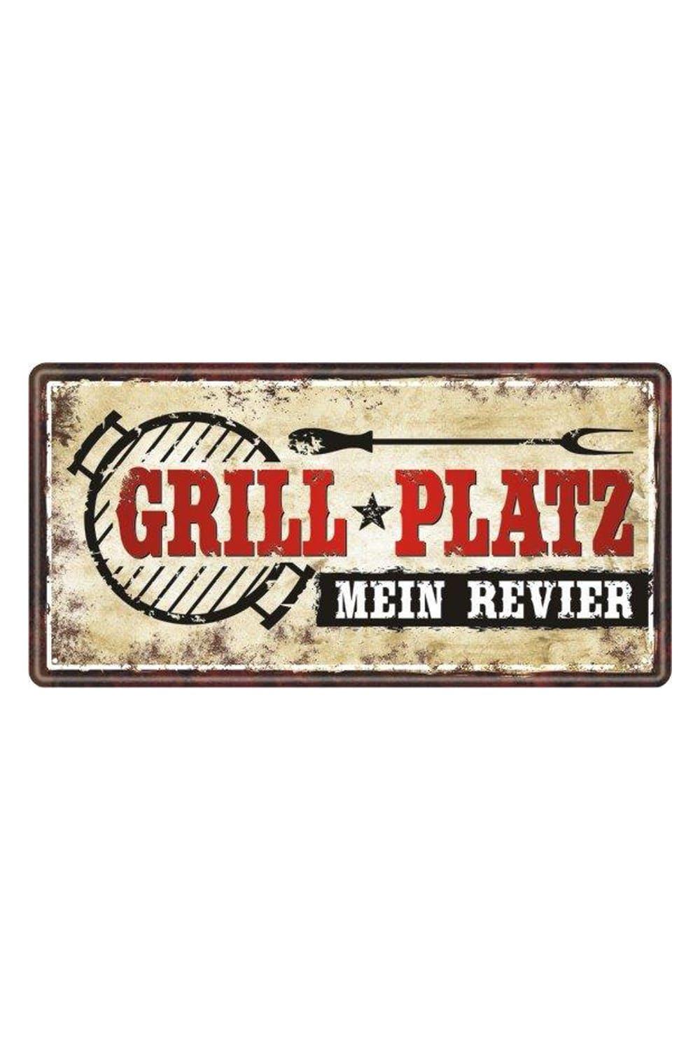 Dieses Metallschild ist ein originelles Geschenk fuer alle Grillfans. Auf dem Blechschild steht der Spruch: Grill Platz. Mein Revier. Zusaetzlich ist ein schoenes Grill-Motiv aufgedruckt. Ein originelles Grillgeschenk! Das Schild kann befestigt werden uns ist somit ein richtiger Hingucker.