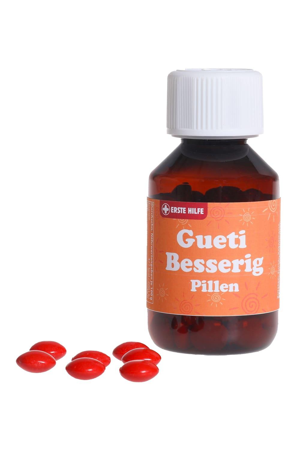 Die Gueti Besserig Schokopillen sind der Renner. Die Erste Hilfe Pillen aus Schokolade sind ein witziges Geschenk. Humor Apotheke (kein Medizinprodukt!