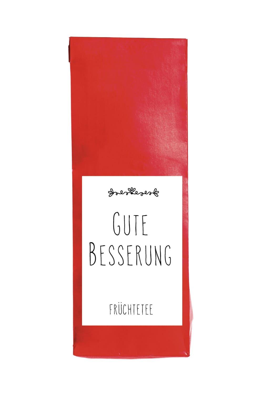 Dieser leckere Fruechtetee ist in einem herzigen Beutel verpackt. Auf dem Beutel ist eine Etikette aufgeklebt mit dem Spruch: Gute Besserung. Ein kreatives kleines Geschenk fuer alle, die gerne Tee trinken. Dieses Teegeschenk ist perfekt zur Genesung!