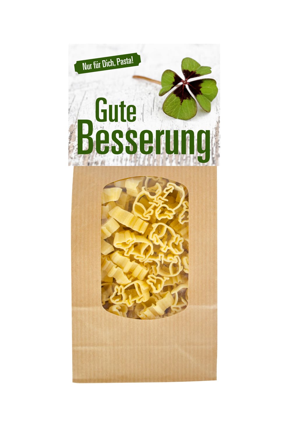Die Pasta sind in Form von einem Gluecksschweinchen. Auf der Vorderseite steht der Spruch: Nur fuer Dich, Pasta! Gute Besserung. Ein ideales Geschenk zur Genesung.