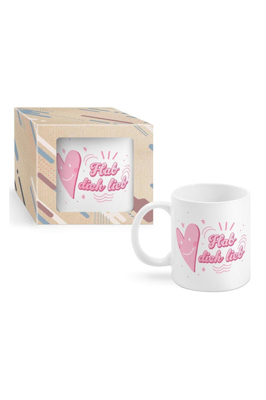 Die Tasse mit der Aufschrift: Hab dich lieb. Die Keramik Spruchtasse ist beidseitig bedruckt und verpackt in einer schoenen Kartonbox.