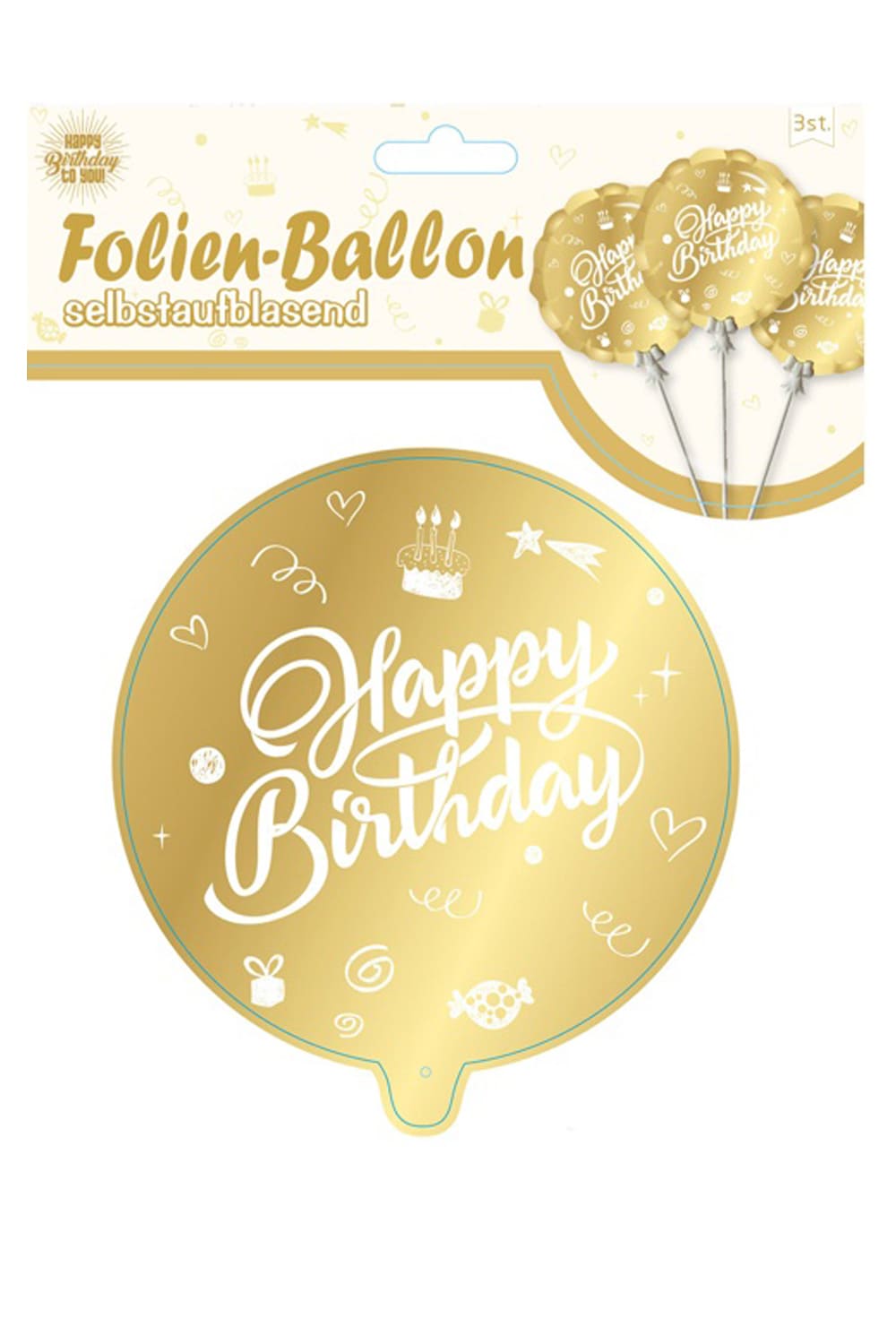 Happy Birthday Ballon als perfekte Dekoration fuer eine Party zum Geburtstag. Folienballon (3 Stk.) inklusive Clip und Stab. Der Ballon ist selbstaufblasend.