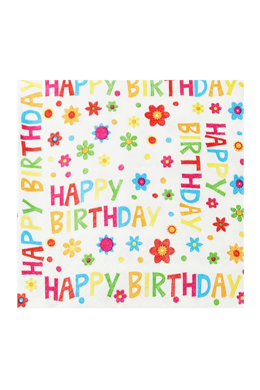 Diese Happy Birthday Blumen Servietten sind perfekt als Geschenk oder Dekoration zum Geburtstag. Schoene Motivservietten mit bunten Blumen. Eine Servietten Packung beinhaltet 20 Papierservietten. Die Groesse ist ca. 33 x 33 cm (offen).