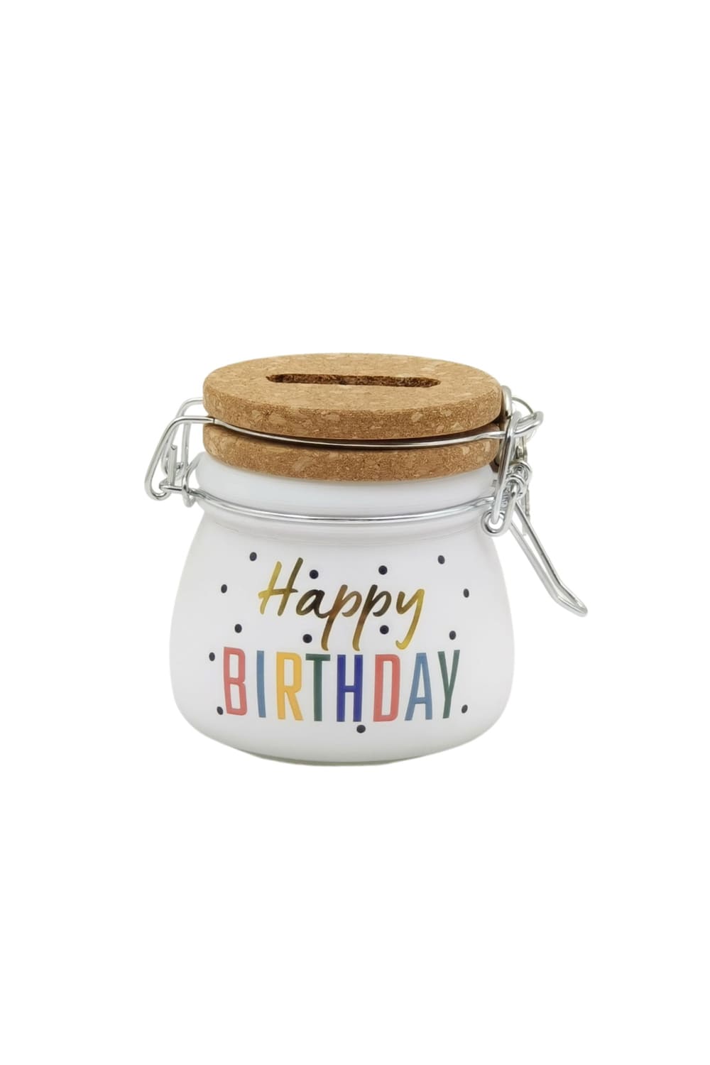 Diese Mini Spardose zum Geburtstag ist aus Glas und Kork sowie mit Vorhaengeschloss und Schluessel. Auf dem Mini Sparglas steht die Aufschrift: Happy Birthday!