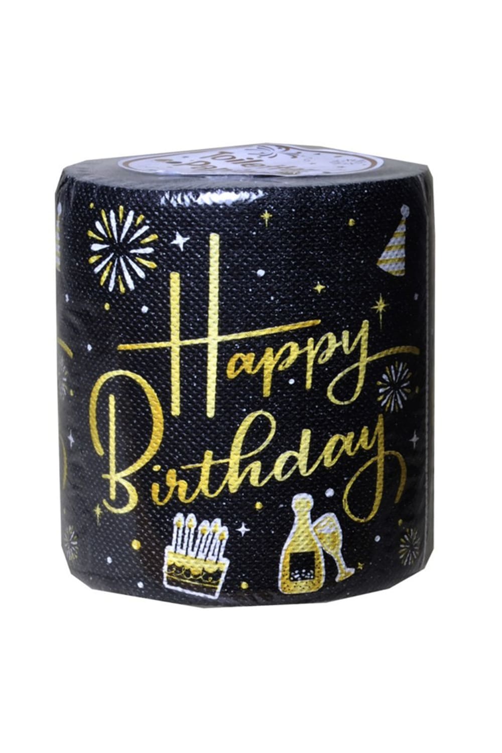 Happy Birthday Klopapier in Schwarz mit goldener Schrift und Geburtstagsmotiven als lustiges Geburtstagsgeschenk.