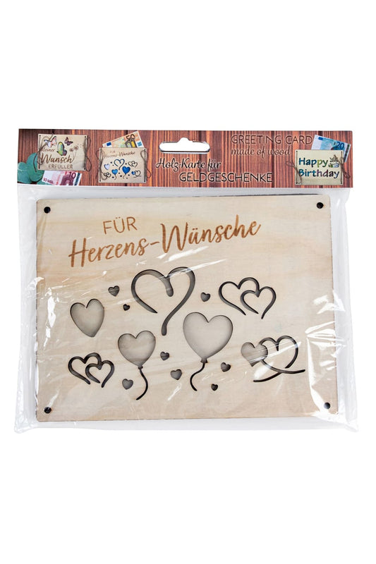 Kreative Geldkarte aus Holz! Einfach die Geldnoten dazwischen legen und zubinden. Ein originelles Geldgeschenk mit der Aufschrift: Fuer Herzenswuensche. Verpackt!