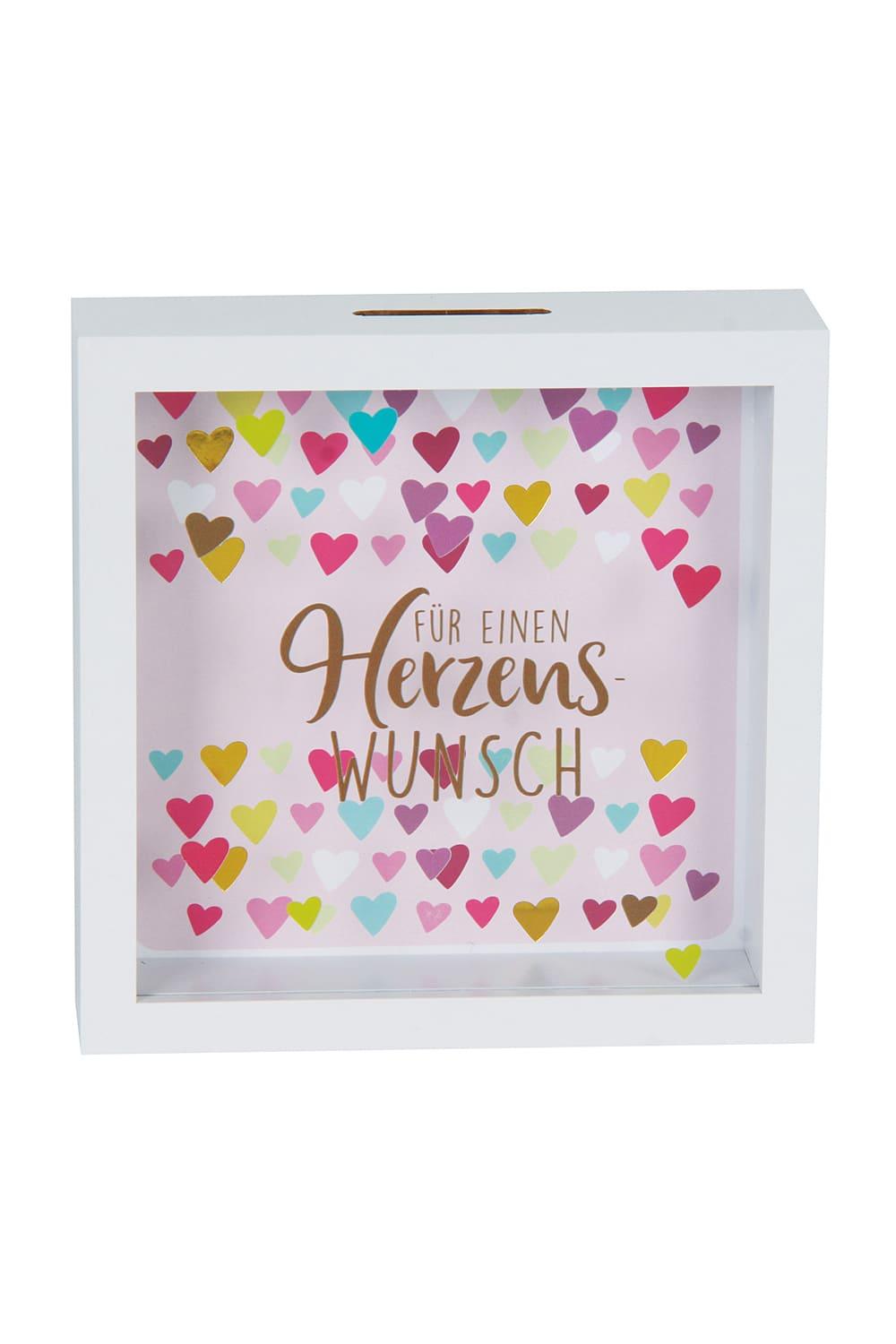 Das Herzchen Sparkaesseli ist ein ideales Geschenk! Die Holz Sparkasse ist bedruckt mit einem Herz Motiv und der Aufschrift: Fuer einen Herzenswunsch!