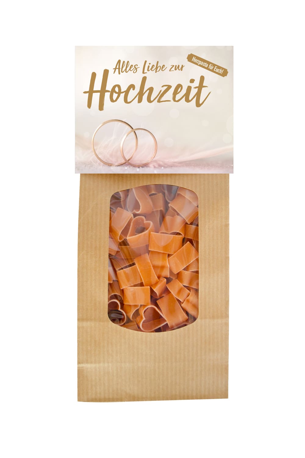 Diese Herz Pasta sind in Herzform. Auf der Verpackung steht ein leckeres Rezept und der Spruch: Alles Liebe zur Hochzeit. Leckeres Hochzeitgeschenk!