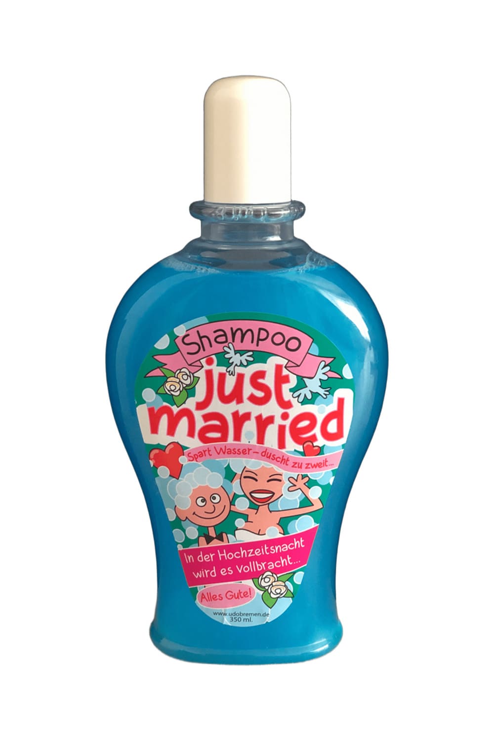 Das Duschmittel zur Hochzeit! Duschgel mit dem Spruch: Just married. Spart Wasser, duscht zu zweit! In der Hochzeitsnacht wird es vollbracht. Alles Gute!