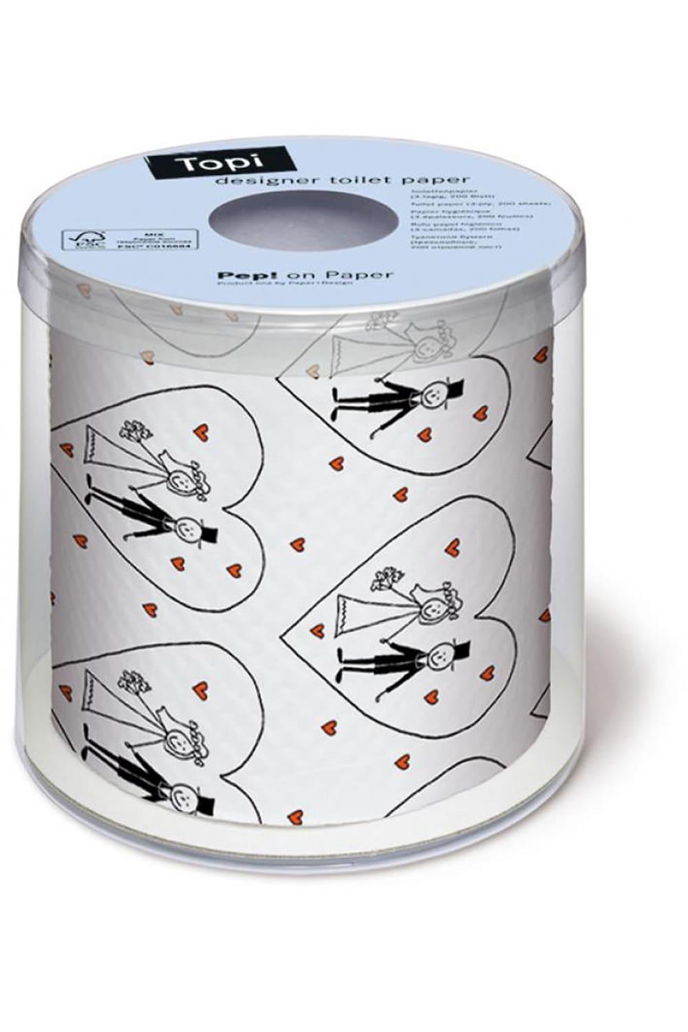 Das WC-Papier mit einem Brautpaar in einem Herz, ist einfach ein absoluter Spassfaktor. Ein lustiges Geschenk fuer eine Hochzeit. Das Klopapier kann selbstverstaendlich auch in ein Geldgeschenk verwandelt werden. Einfach ein kreatives und lustiges Hochzeitsgeschenk.