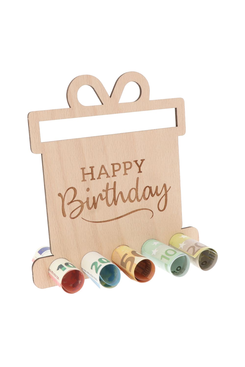 Der Holzaufsteller ist eine perfekte Geschenkidee fuer ein Geldgeschenk oder Gutscheingeschenk. Einfach die Geldnoten rollen und durch die Loecher stecken. Ein originelles Geschenk aus Holz mit der Aufschrift: Happy Birthday. Der Holzaufsteller hat 5 Loecher, in die man Geld oder gerollte Gutscheine stecken kann.