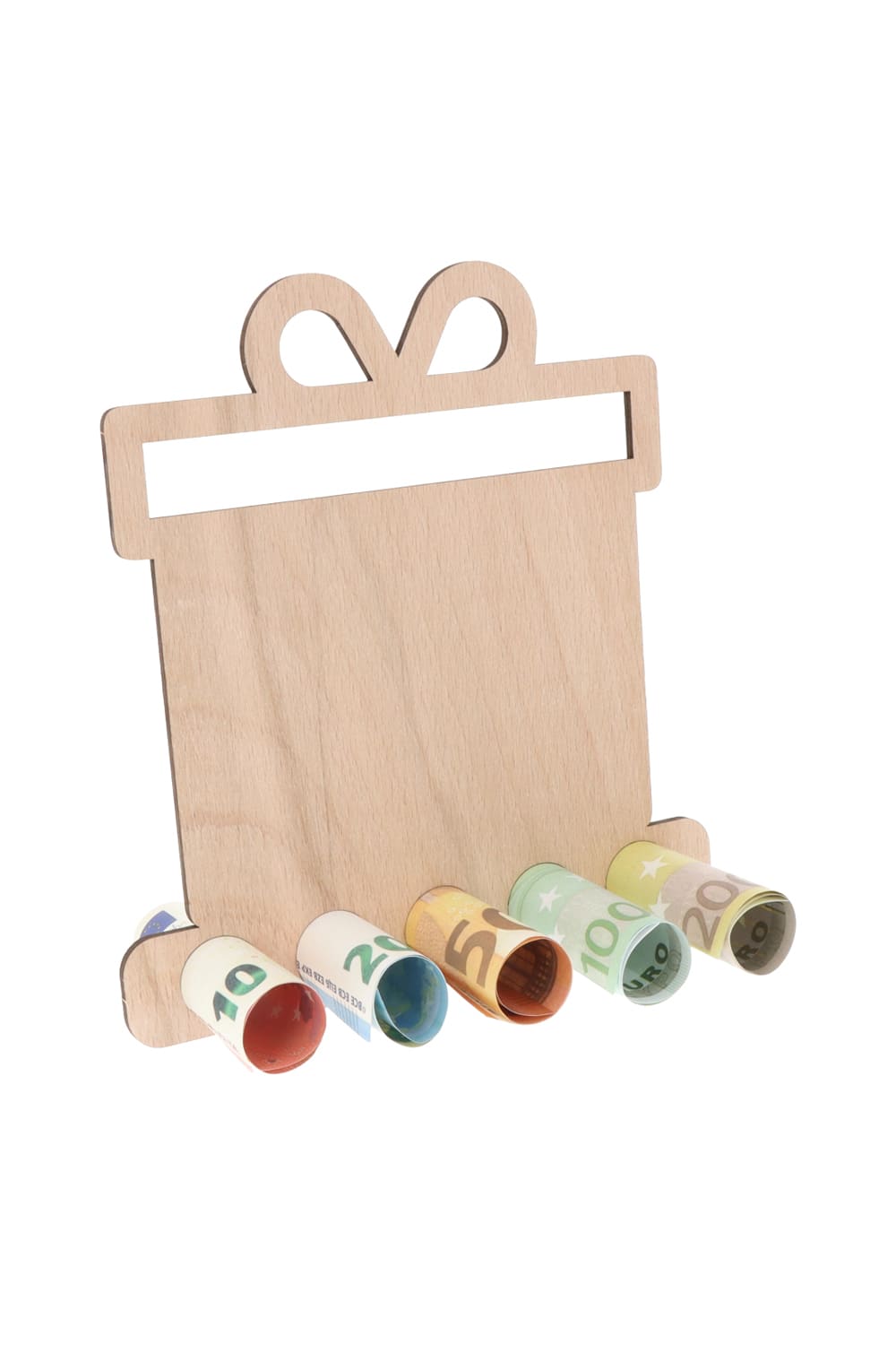 Ein perfektes Geldgeschenk oder ein Gutscheingeschenk. Es hat 5 Loecher, in die man Geld oder gerollte Gutscheine stecken kann. Dieses Geldgeschenk kann selbst bemalt und beschriftet werden. Da das Paket aus Holz neutral ist, gibt es genuegend Platz sich kreativ zu betaetigen.