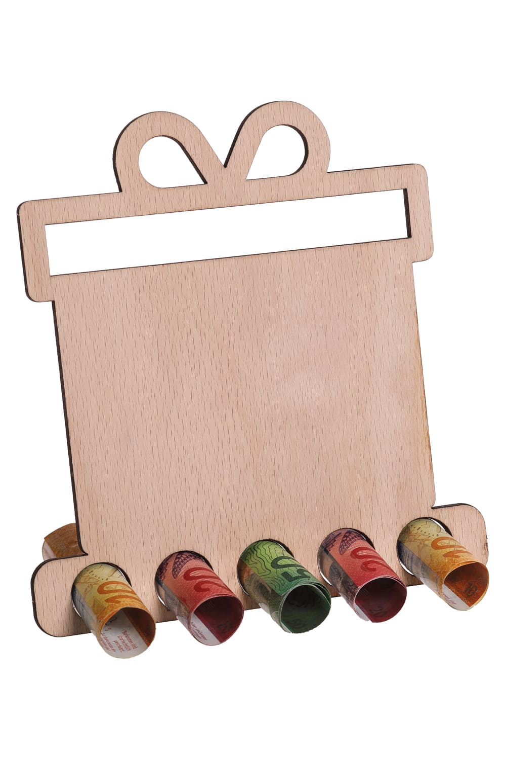 Ein perfektes Geldgeschenk oder ein Gutscheingeschenk. Es hat 5 Loecher, in die man Geld oder gerollte Gutscheine stecken kann. Dieses Geldgeschenk kann selbst bemalt und beschriftet werden. Da das Paket aus Holz neutral ist, gibt es genuegend Platz sich kreativ zu betaetigen.