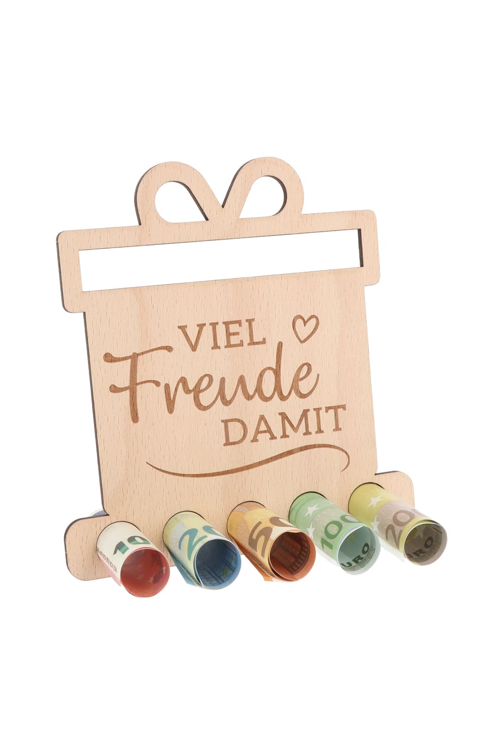 Der Holzaufsteller ist eine perfekte Geschenkidee fuer ein Geldgeschenk oder Gutscheingeschenk. Einfach die Geldnoten rollen und durch die Loecher stecken. Ein originelles Geschenk aus Holz mit der Aufschrift: Viel Freude damit. Der Holzaufsteller hat 5 Loecher, in die man Geld oder gerollte Gutscheine stecken kann.