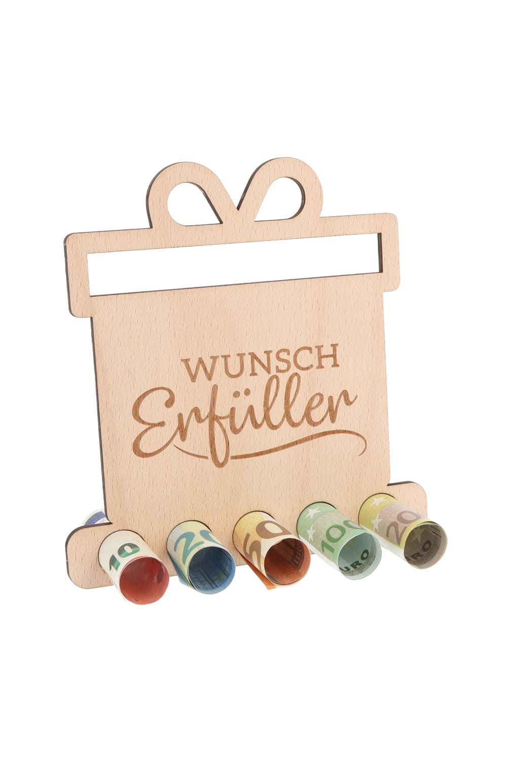 Der Holzaufsteller ist eine perfekte Geschenkidee fuer ein Geldgeschenk oder Gutscheingeschenk. Einfach die Geldnoten rollen und durch die Loecher stecken. Ein originelles Geschenk aus Holz mit der Aufschrift: Wunsch Erfueller. Der Holzaufsteller hat 5 Loecher, in die man Geld oder gerollte Gutscheine stecken kann.