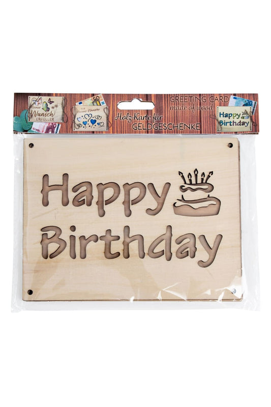 Kreative Geldkarte aus Holz! Einfach die Geldnoten dazwischen legen und zubinden. Ein originelles Geldgeschenk zum Geburi mit der Aufschrift: Happy Birthday. Ausgestanzt.